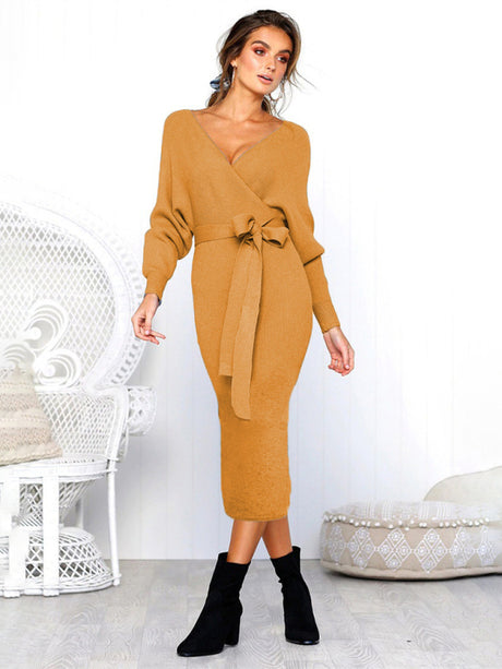 Women's Solid Color Long Sleeve Faux Wrap Sweater Dress