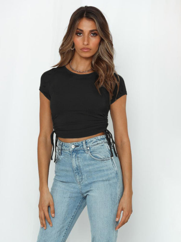 Women's Solid Color Ruched Side Crop T-shirt