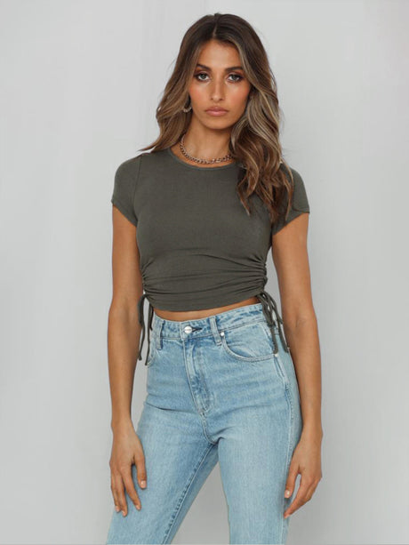 Women's Solid Color Ruched Side Crop T-shirt