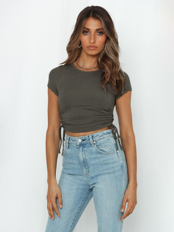 Women's Solid Color Ruched Side Crop T-shirt