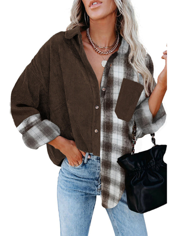 Women's Mixed Plaid And Corduroy Buttoned Top