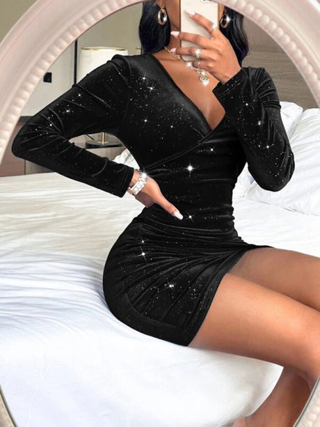Women's Solid Color Long Sleeve Faux Wrap Velvet Minidress