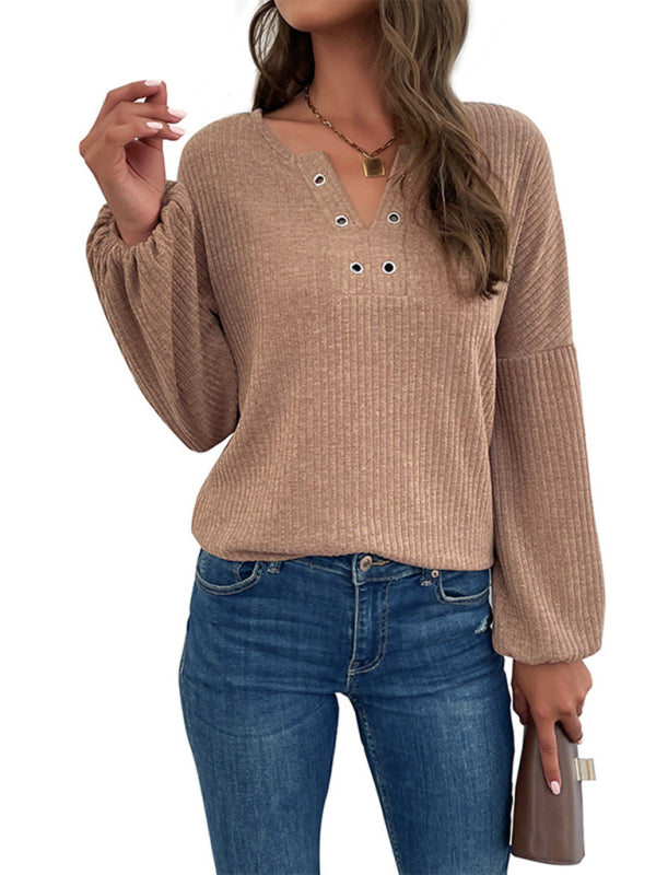 Women's Solid Color V-neck With Ring Hardware Dropped Off Shoulder Sweater