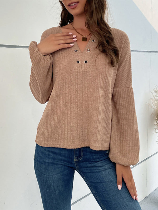 Women's Solid Color V-neck With Ring Hardware Dropped Off Shoulder Sweater