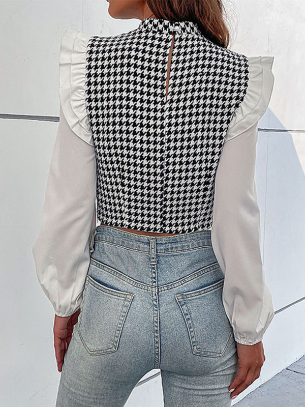 Women's Woven Mock Neck Long Sleeve Houndstooth Shirt