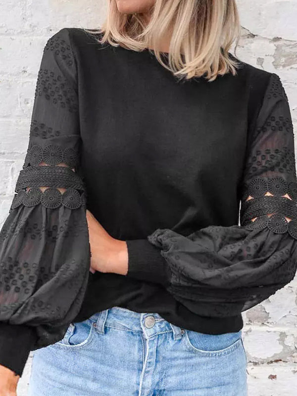 Women's Solid Color Lace Trim Long Sleeve Knit Blouse