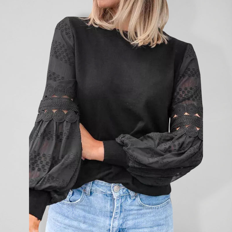 Women's Solid Color Lace Trim Long Sleeve Knit Blouse