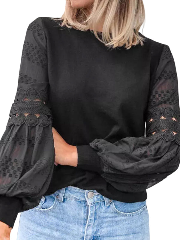 Women's Solid Color Lace Trim Long Sleeve Knit Blouse