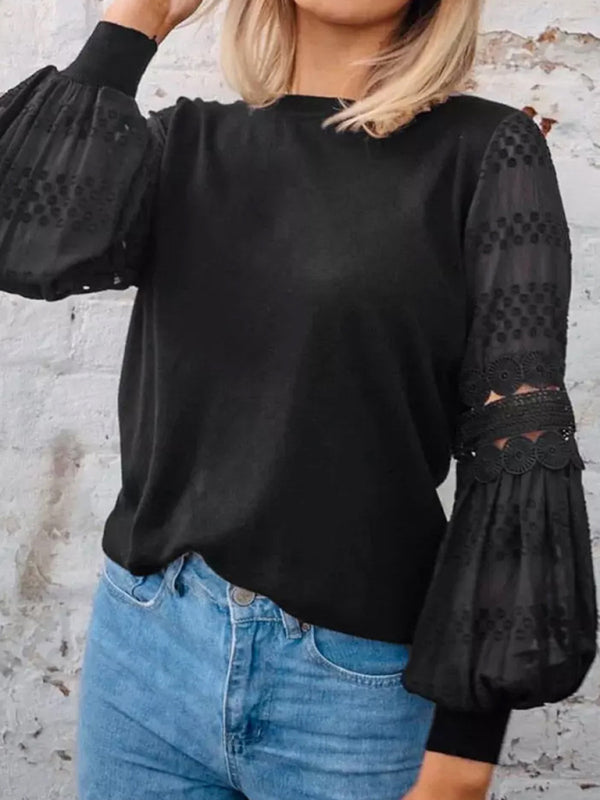 Women's Solid Color Lace Trim Long Sleeve Knit Blouse