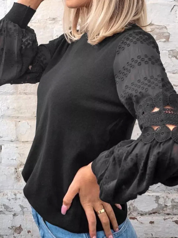 Women's Solid Color Lace Trim Long Sleeve Knit Blouse