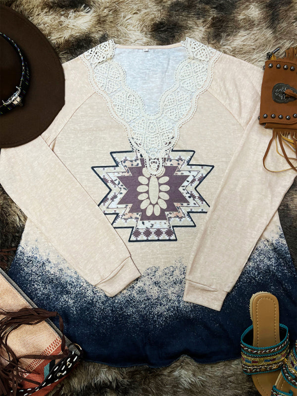 Women's Knitted Casual Western Print Lace Top