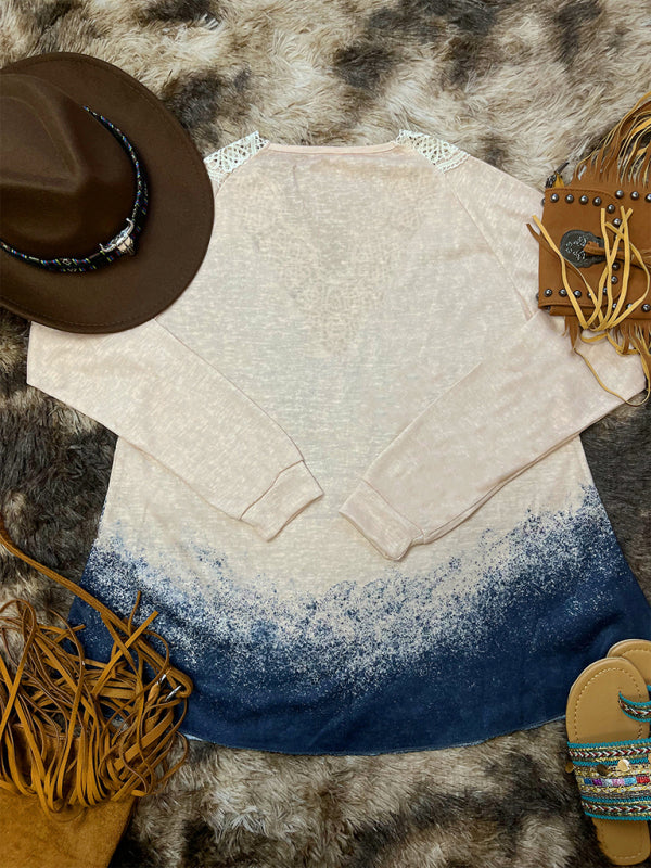 Women's Knitted Casual Western Print Lace Top