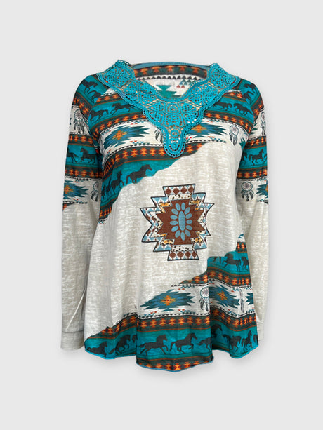 Women's Knitted Casual Western Print Lace Top