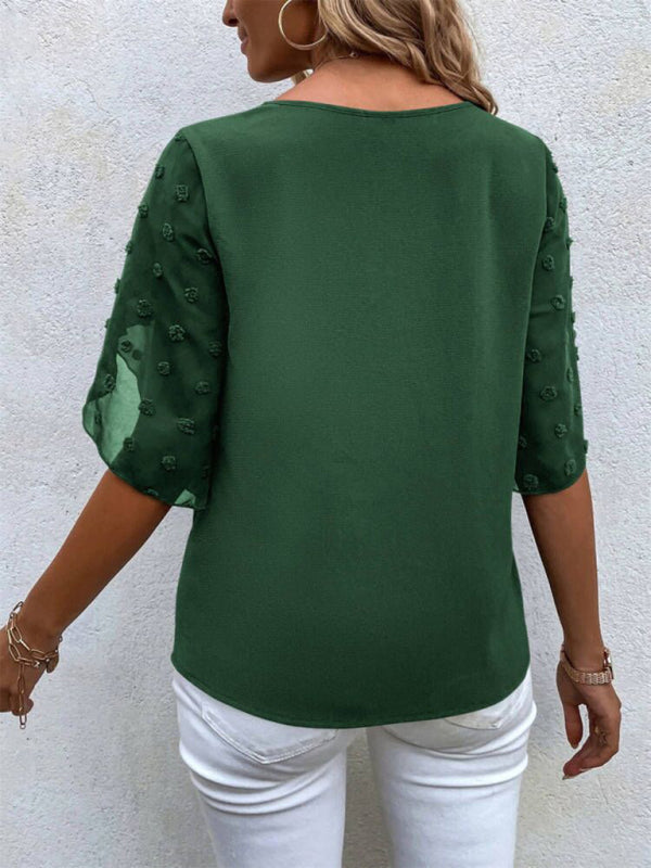Women's Solid color lace paneling round neck short sleeve top