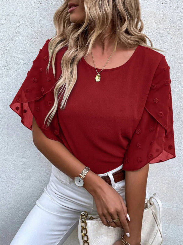 Women's Solid color lace paneling round neck short sleeve top