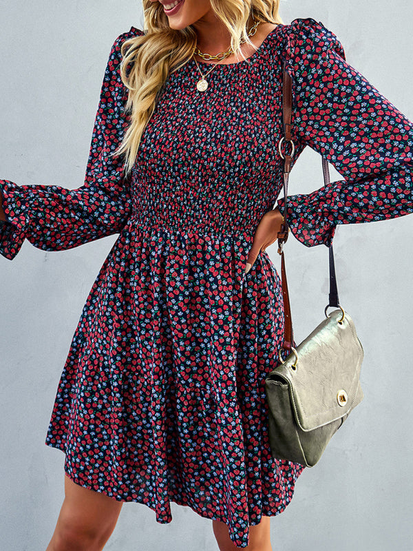 Round neck floral dress spring and summer long-sleeved all-match A-line skirt