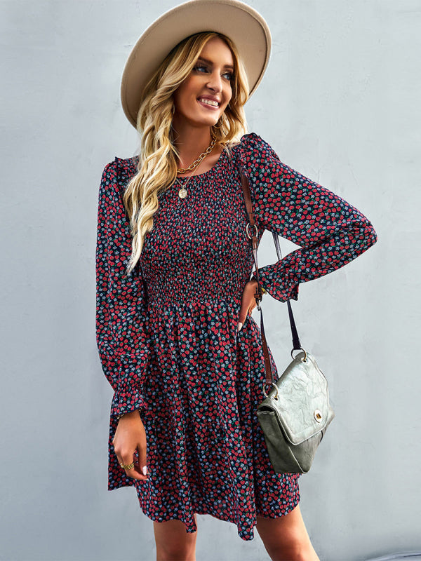 Round neck floral dress spring and summer long-sleeved all-match A-line skirt