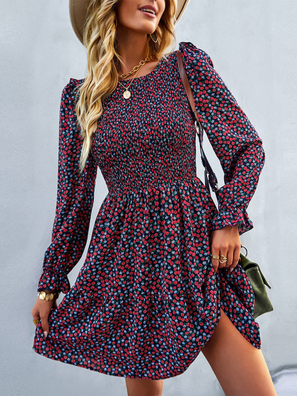 Round neck floral dress spring and summer long-sleeved all-match A-line skirt