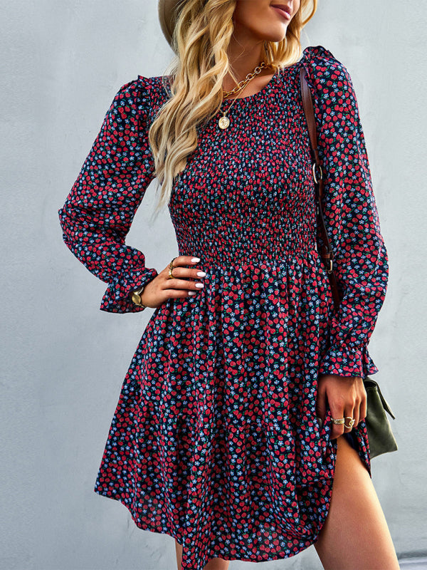 Round neck floral dress spring and summer long-sleeved all-match A-line skirt