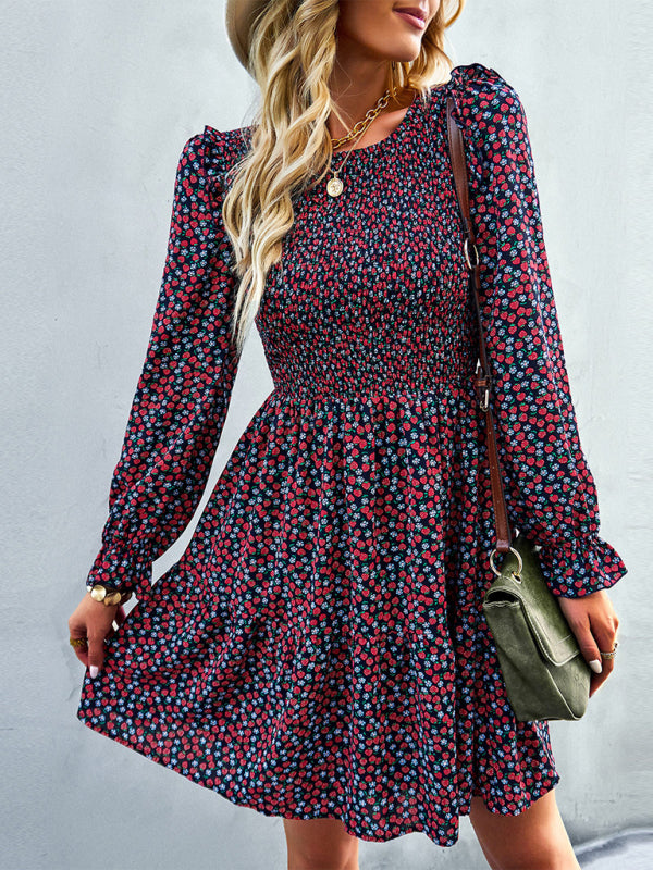 Round neck floral dress spring and summer long-sleeved all-match A-line skirt