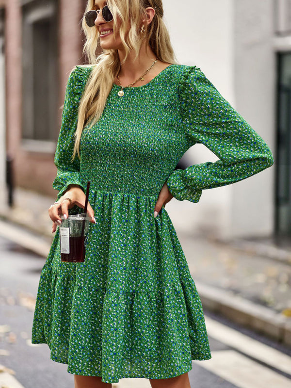 Round neck floral dress spring and summer long-sleeved all-match A-line skirt