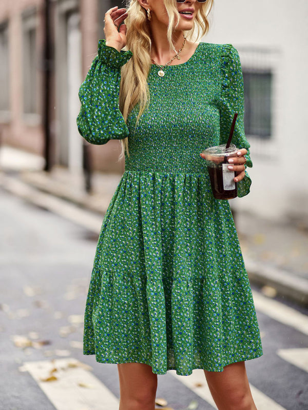 Round neck floral dress spring and summer long-sleeved all-match A-line skirt