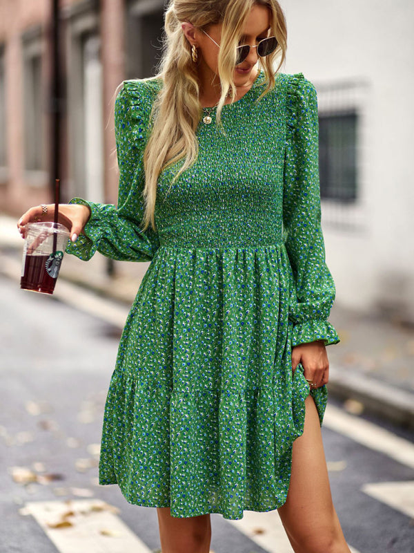 Round neck floral dress spring and summer long-sleeved all-match A-line skirt