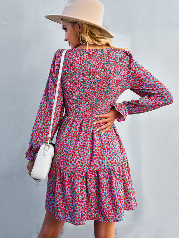 Round neck floral dress spring and summer long-sleeved all-match A-line skirt