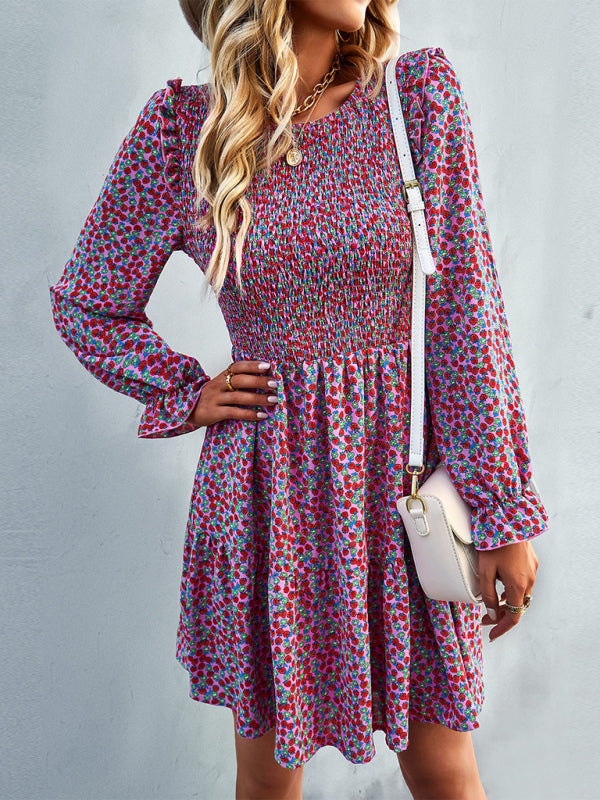 Round neck floral dress spring and summer long-sleeved all-match A-line skirt
