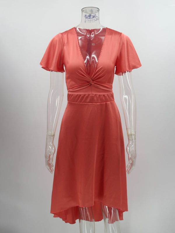 Women's Solid Color Twist Front Cutout Flutter-sleeve High Low Midi Dress