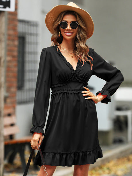 Women's Solid Color Long-sleeve V-neck Ruffle-hem Mini Dress