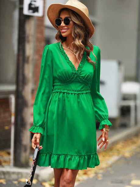 Women's Solid Color Long-sleeve V-neck Ruffle-hem Mini Dress