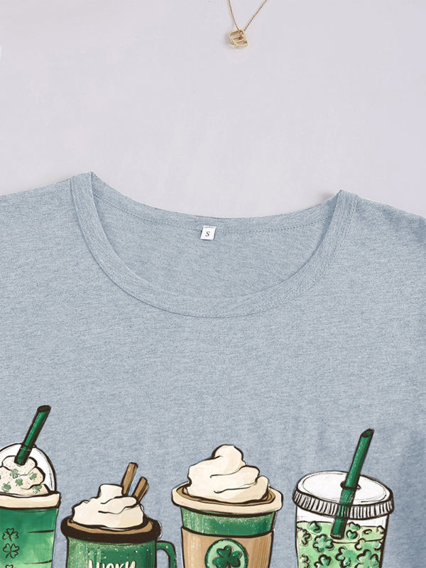 Women's Graphic Crewneck Four-leaf Clover Iced Coffee Cups Short Sleeve T-shirt