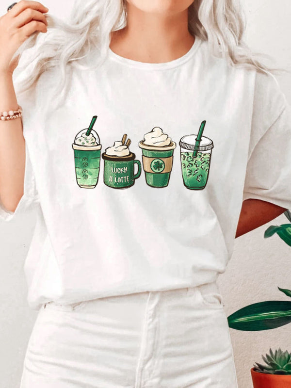 Women's Graphic Crewneck Four-leaf Clover Iced Coffee Cups Short Sleeve T-shirt