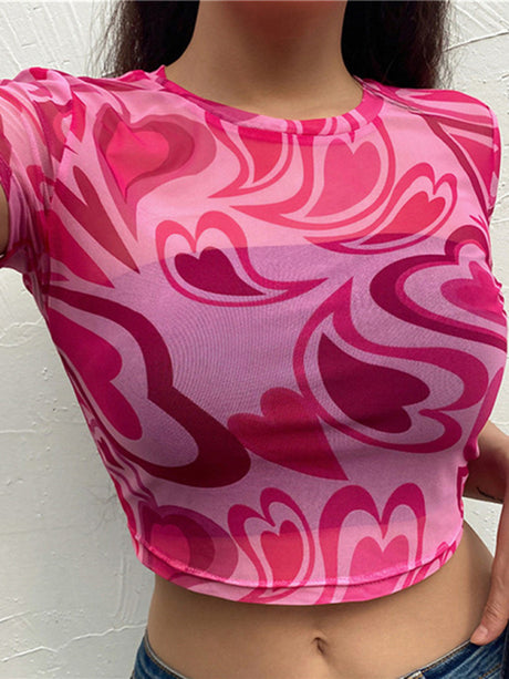 Women's Short Sleeve Sheer And Stretchy Mesh Construction All Over A Cropped Top