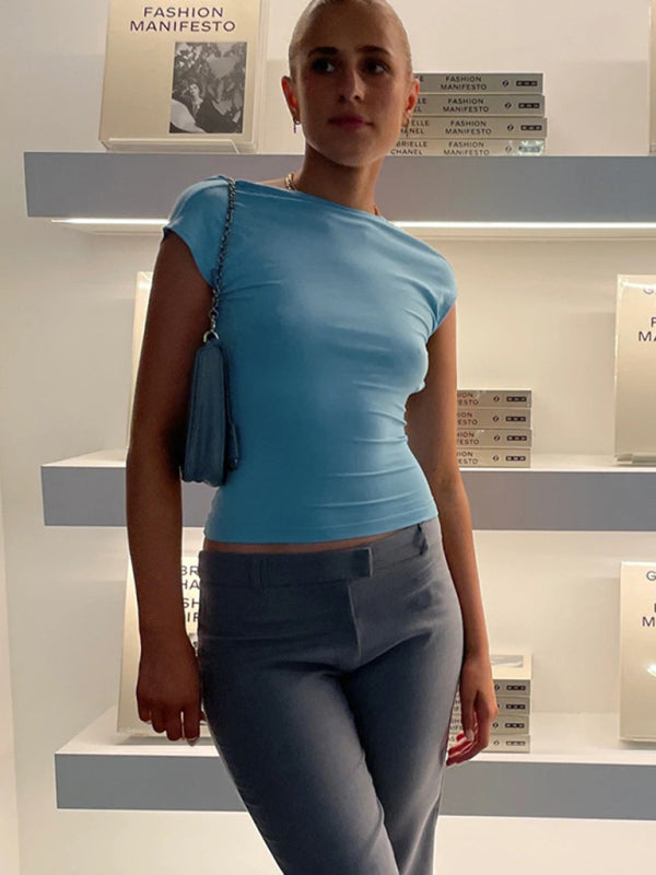 Women's Solid Color Crew Neck Open Back Crop T-shirt