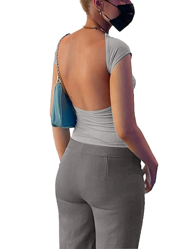 Women's Solid Color Crew Neck Open Back Crop T-shirt