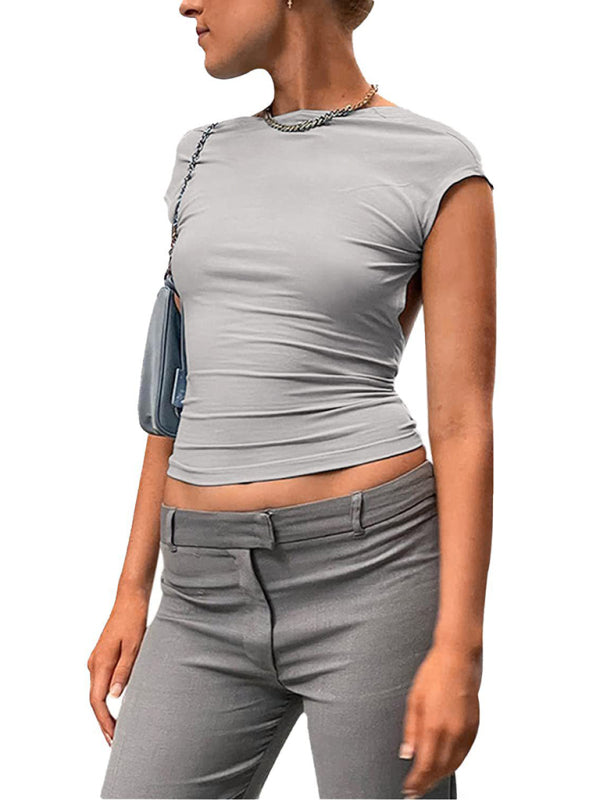 Women's Solid Color Crew Neck Open Back Crop T-shirt