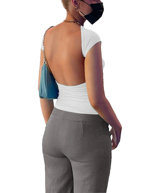 Women's Solid Color Crew Neck Open Back Crop T-shirt