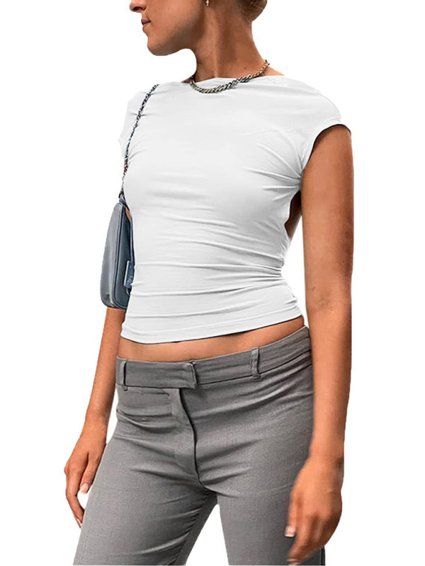 Women's Solid Color Crew Neck Open Back Crop T-shirt
