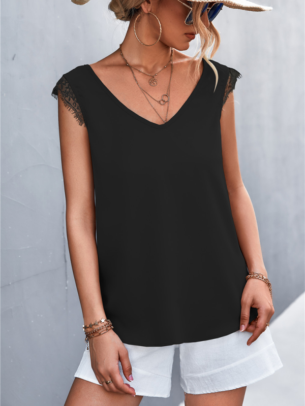 Women's Solid Color V-neck Lace Trim Top