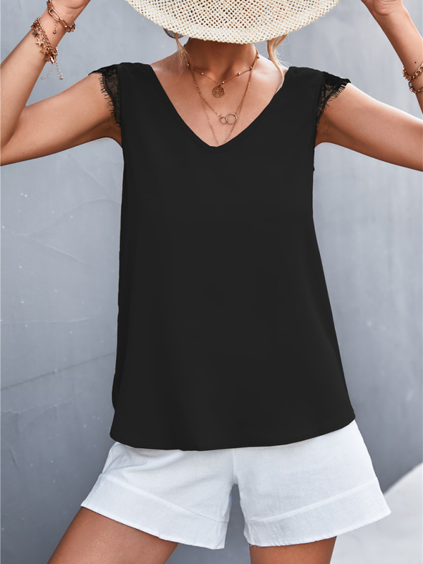Women's Solid Color V-neck Lace Trim Top