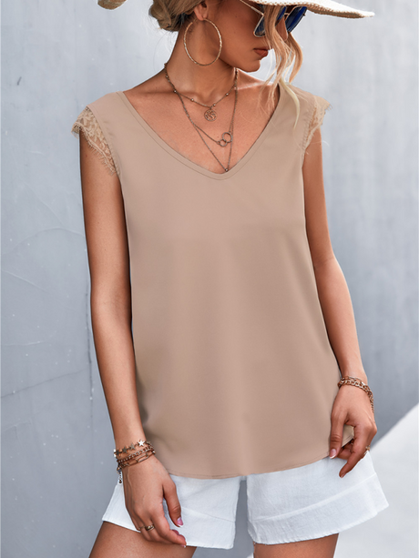 Women's Solid Color V-neck Lace Trim Top
