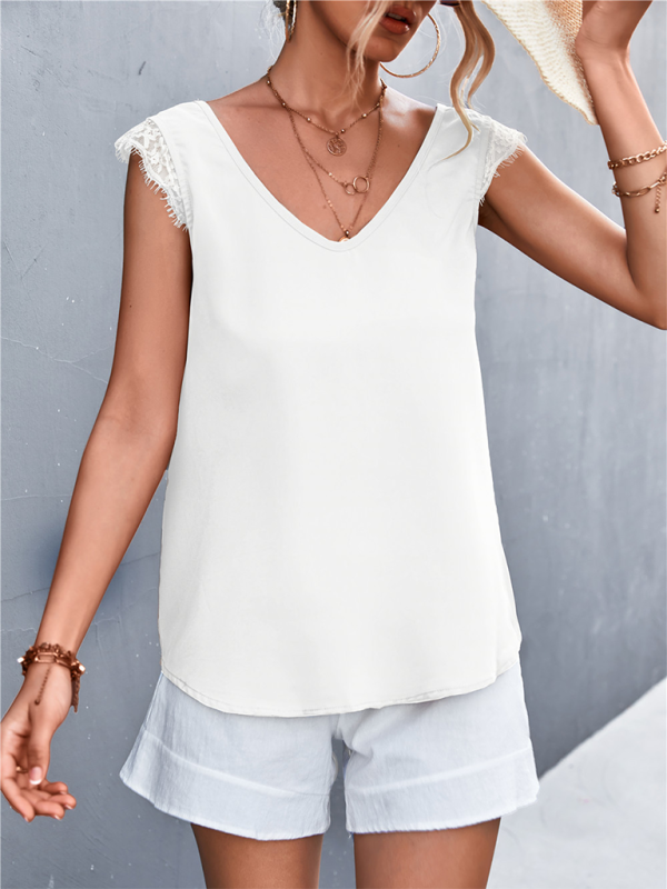 Women's Solid Color V-neck Lace Trim Top