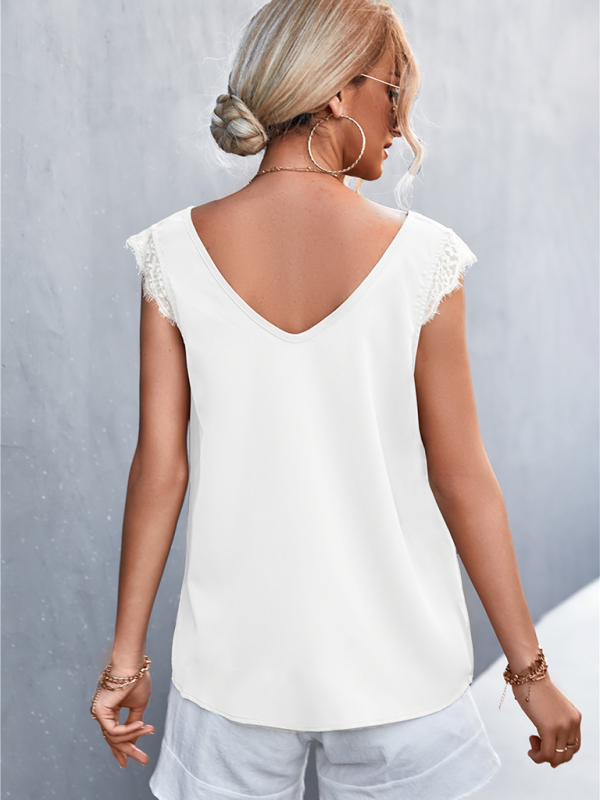 Women's Solid Color V-neck Lace Trim Top