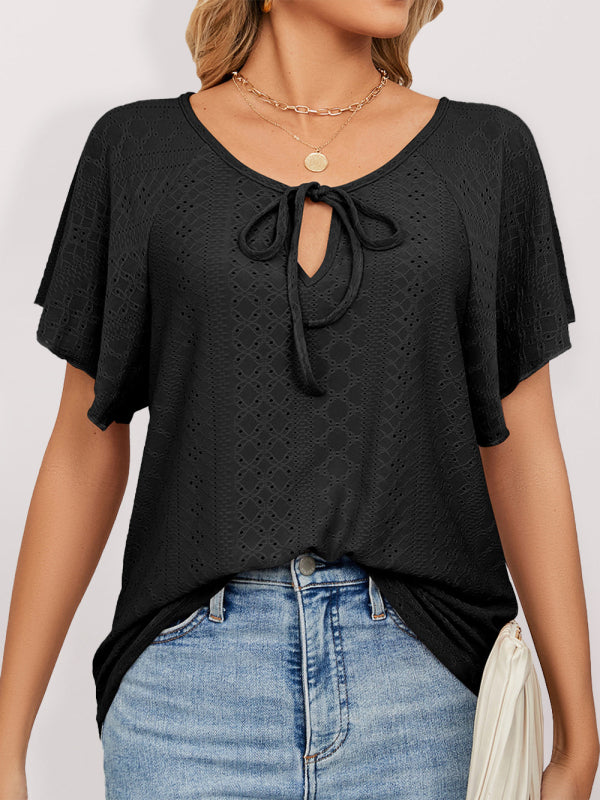 Women's Solid Color Flutter-sleeve Tie-neck Top