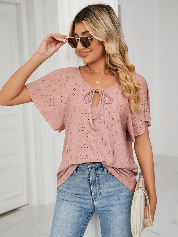 Women's Solid Color Flutter-sleeve Tie-neck Top