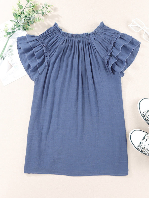 Women's Solid Color Flutter Sleeve V-neck Top With Tie