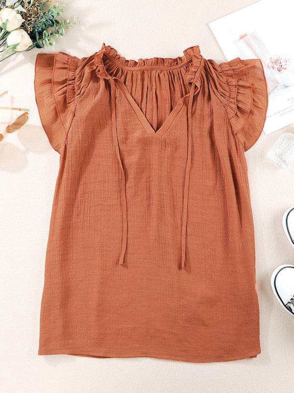 Women's Solid Color Flutter Sleeve V-neck Top With Tie