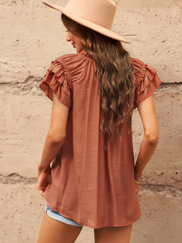 Women's Solid Color Flutter Sleeve V-neck Top With Tie